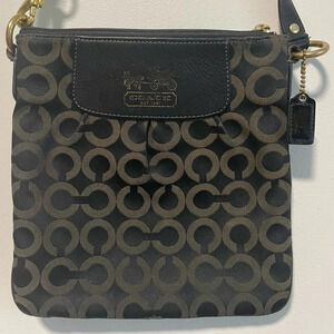 Coach Signature Black and Brown Jacquard Fabric  Crossbody Bag with Leather Trim